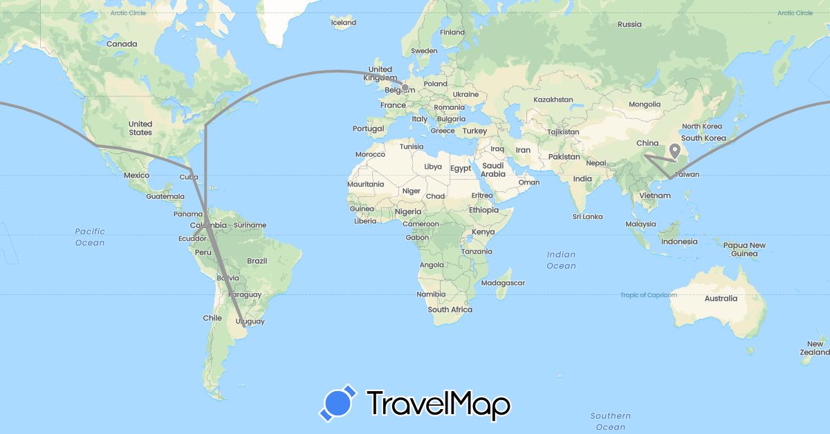 TravelMap itinerary: driving, plane in Argentina, China, Colombia, Germany, Ecuador, Japan, Netherlands, United States (Asia, Europe, North America, South America)